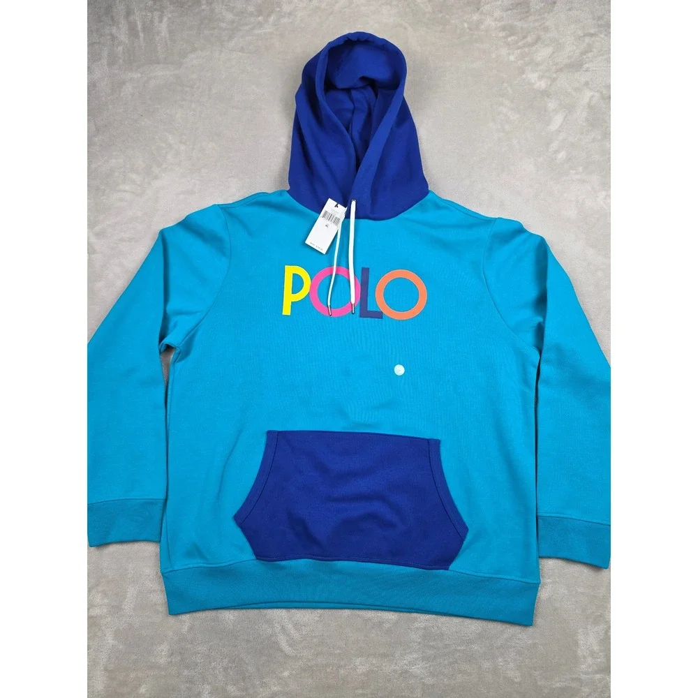Polo Ralph Lauren Hoodie Men XL Aqua Blue Double Knit Logo Pullover Sweatshirt